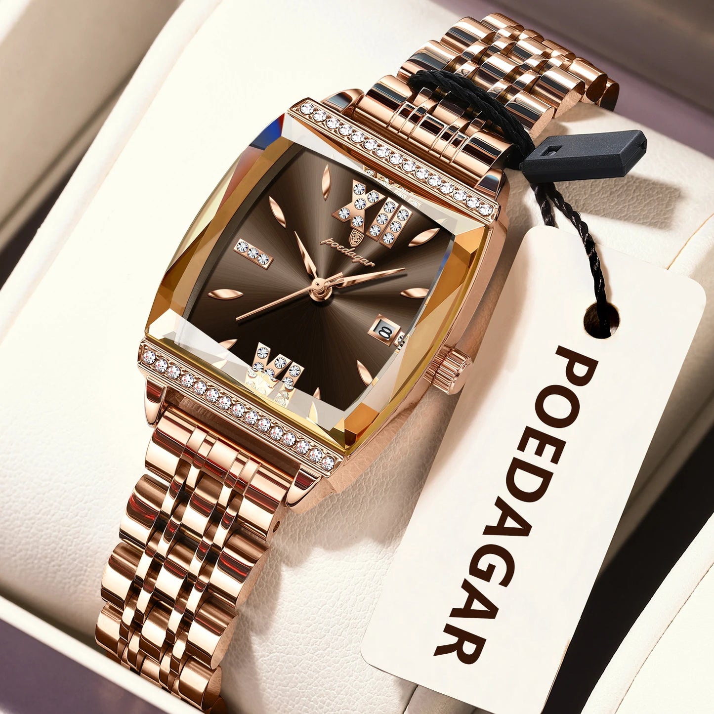 POEDAGAR Diamond Luxury Watch For Woman High Quality Waterproof Date Ladies Quartz Watch Stainless Steel Women Watches Reloj+Box 795 RoseGold Brown