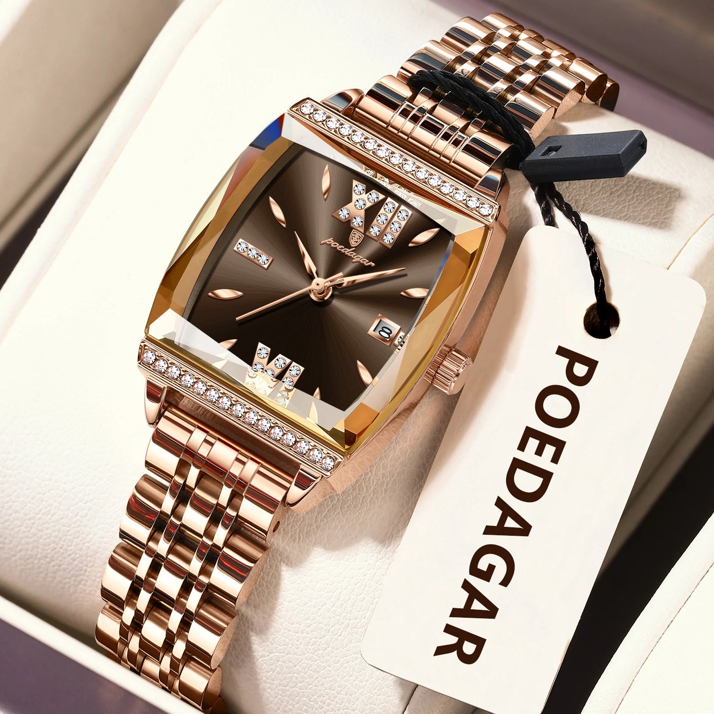 POEDAGAR Diamond Luxury Watch For Woman High Quality Waterproof Date Ladies Quartz Watch Stainless Steel Women Watches Reloj+Box 795 RoseGold Brown
