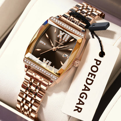 POEDAGAR Diamond Luxury Watch For Woman High Quality Waterproof Date Ladies Quartz Watch Stainless Steel Women Watches Reloj+Box 795 RoseGold Brown