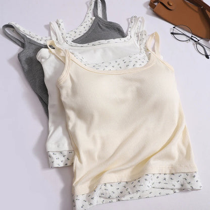 Women Sweet Patchwork Floral Printing Tank Tops With Bra Pad Sexy Off Shoulder Spaghetti Strapy Top Summer Worn Outside Camisole
