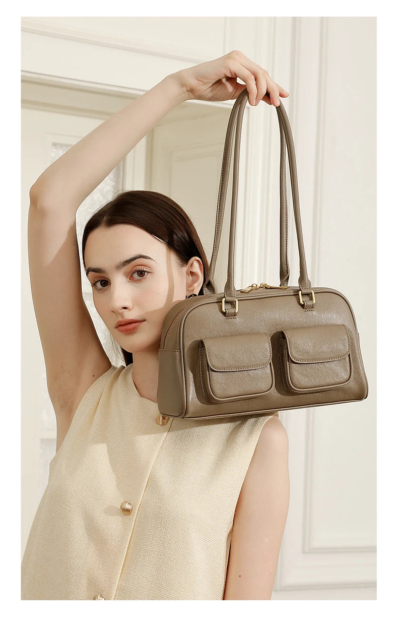 Burminsa Cowhide Genuine Leather Underarm Shoulder Bags For Women 2025 Luxury Designer Korean Bowling Tote Work Ladies Handbags