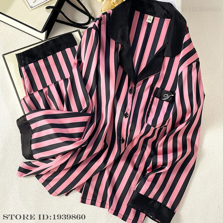 Women Long Sleeve Pajamas 2PCS Set Spring Summer New Sleepwear Loungewear Fashion Stripes Pyjama Pour Femme Loose Satin Homewear Hot Pink Pajamas 23
