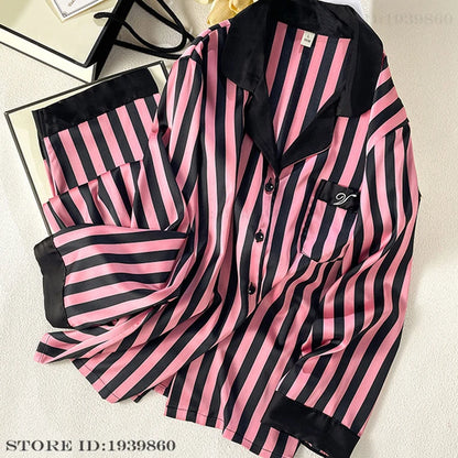 Women Long Sleeve Pajamas 2PCS Set Spring Summer New Sleepwear Loungewear Fashion Stripes Pyjama Pour Femme Loose Satin Homewear Hot Pink Pajamas 23