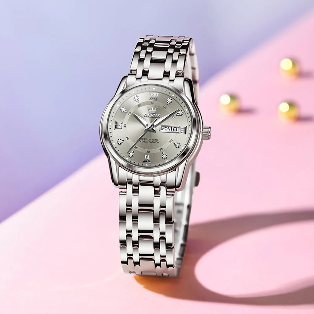 OLEVS 5513X Women Watch Original Fragrant Quartz Wristwatch Automatic Date Watches For Women Waterproof Luminous Gifts For Women Silver Grey CHINA Yes