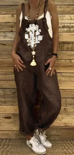 Linen Overalls Jumpsuit Women Casual Print Sleeveless Summer Loose Female Suspenders Straight Leg Fashion New Streetwear Dark Brown
