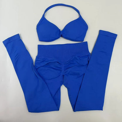 No Logo Seamless Yoga Set Women Workout Scrunch Leggings Set Strappy Halter Sports Bra Fitness Gym Clothing Workout Set 2 Pieces Badiee Stylez