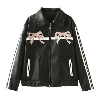 Zekye Vintage Women's Faux Leather Jacket Autumn Winter Lapel Collar Bow Detail Zipper Overcoat Fashionable Outerwear