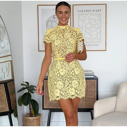 Women Fashion Yellow Lace Hollow Out Mini Dress Elegant Short Sleeve High Waist Bodycon Dresses Sexy Party Street Lady Vestidos