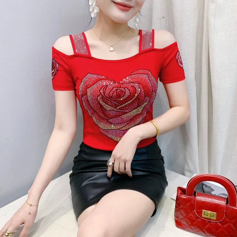 New Arrival Summer European Clothes Women's T-Shirts Chic Luxury Butterfly Hot Diamonds Tees Sexy Girl Slim Streetwear Tops Picture color 2