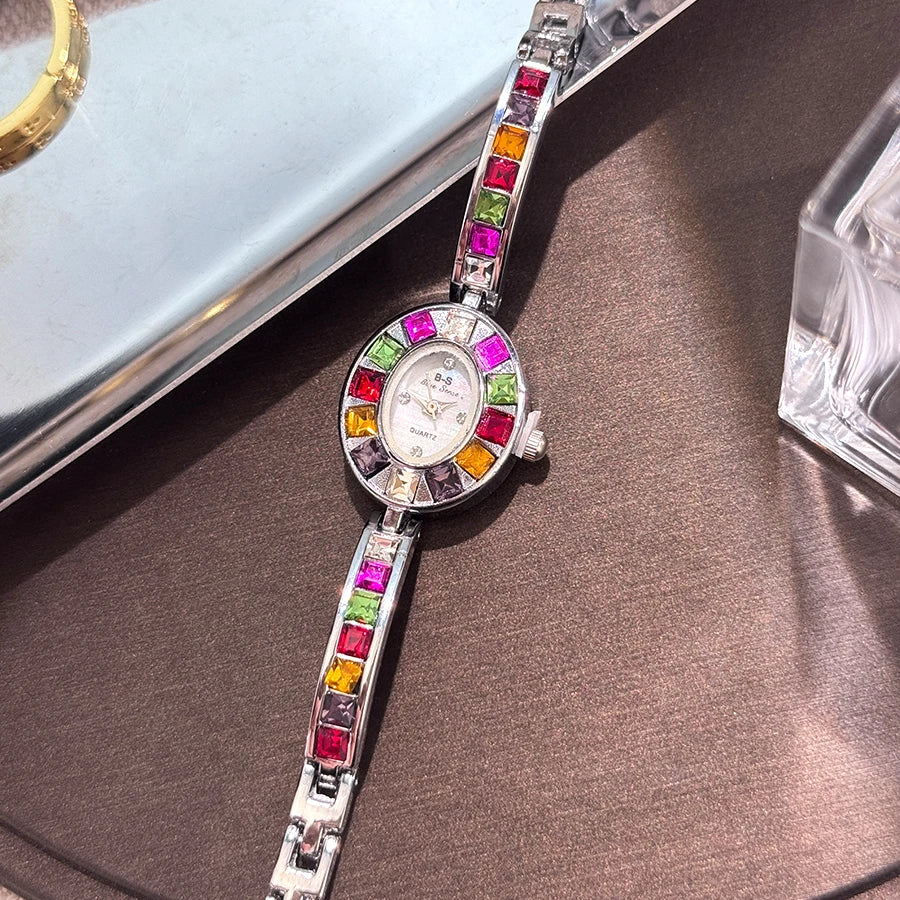 Color zircon advanced sense diamond set women's watch niche bracelet bracelet Small exquisite quartz watch cross-border hot sale
