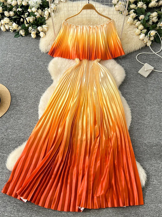 SINGREINY 2025 Gradient Party Long Dress Female Off Shoulder Elastic Waist A Line Sundress Vacation Luxury Pleated Maxi Dresses orange One Size