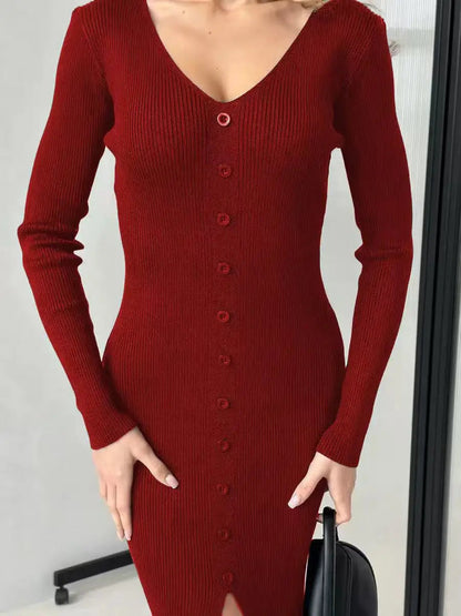 2025 Knitted Dress For Women Vintage Fashion Long Sleeve Dresses Solid Single Breasted V Neck Midi Autumn Winter Dress Скучать Badiee Stylez