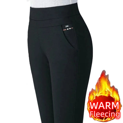Thin & Thick Warm Winter Pencil Pants Womens Snow Plush Strench Lady OL SkinnyTrousers Femal Thichen Slim Clothing Leggings Thick-Black