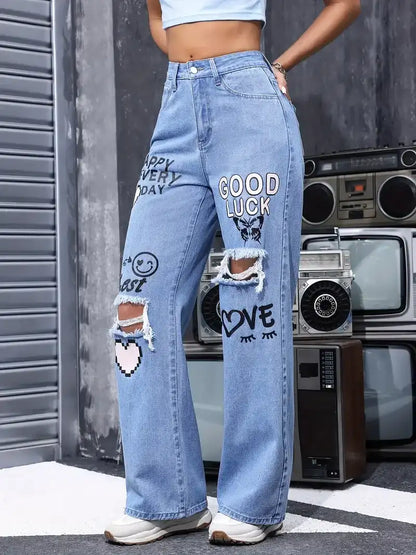 Women's High Waist Button Up Butterfly Print Jeans Fashion Casual Straight Pants for Women Spring Summer 2024 Chic Ripped Jeans