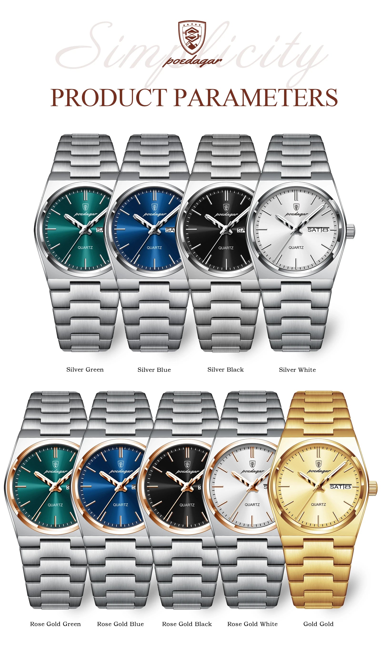 POEDAGAR Original New Woman Watch Stainless Steel Waterproof Luminous Ladies Wristwatch Date Week Elegant Quartz Women's Watches