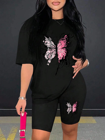 Beautiful Butterfly Pattern Print For Women Short Sleeved Shorts Set Soft Essential Two Piece Set Sports Comfortable Shorts Sets Black-Black