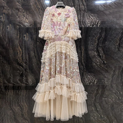 IEQJ Fashion Pink Embroidered Sequins Dress Women's Round Neck Ruffles Half Sleeves Ankle-length Dresses New 3A132 Badiee Stylez