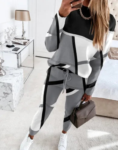 Women Casual Two Piece Sets Fashion Geometric Print O-Neck Long Sleeve Tops and Drawstring Pencil Pants Sets Office Lady Outfits Badiee Stylez