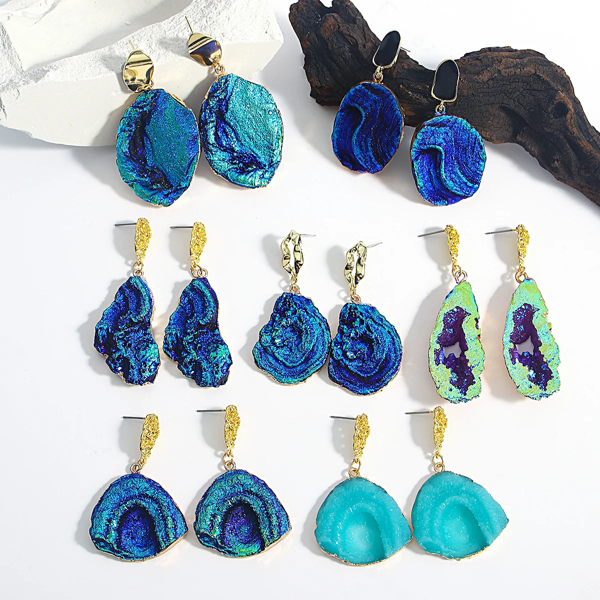 AENSOA Vintage Abstract Simulated Natural Stone Dangle Earrings for Women Van Gogh Painting Star Geometric Volcanic Rock Earring