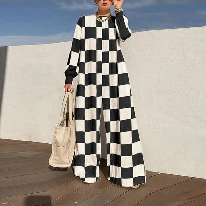Modigirl Stylish Classic Plaid Loose Wide Leg Jumpsuit Female 2025 Spring Fall Long Sleeves Pant One Piece Romper Jumpsuit Woman Badiee Stylez