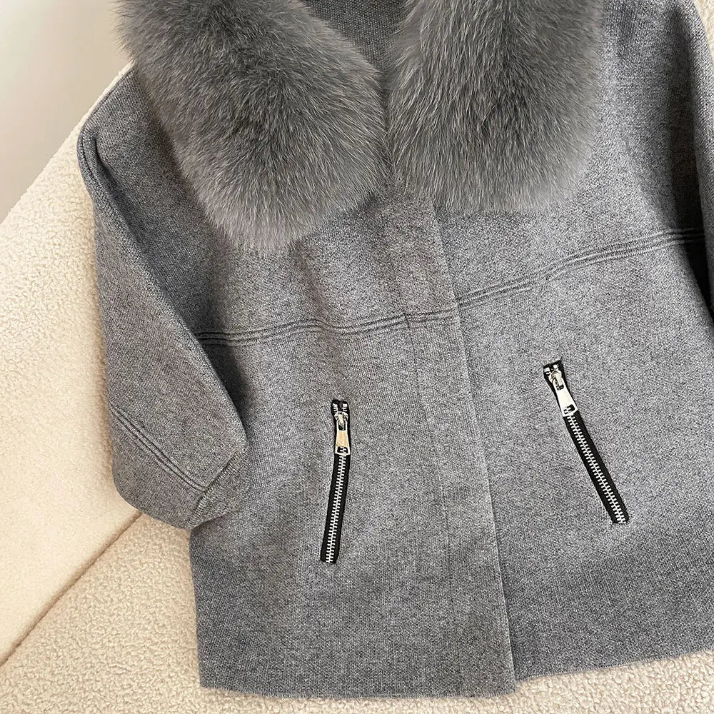 FURYOURSELF 2025 New Real Fox Raccoon Fur Collar Coat Knitted Sweater Women Short Sleeve Jacket Thick Warm Outerwear streetwear