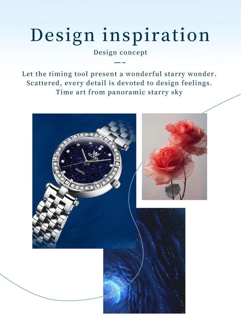 OLEVS 3641 Womens Watch Original Elegant Quartz Watch Waterproof Luminous Stainless Steel Starry Dial Ladies Watch With Box Gift