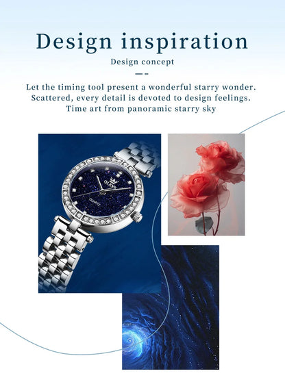 OLEVS 3641 Womens Watch Original Elegant Quartz Watch Waterproof Luminous Stainless Steel Starry Dial Ladies Watch With Box Gift