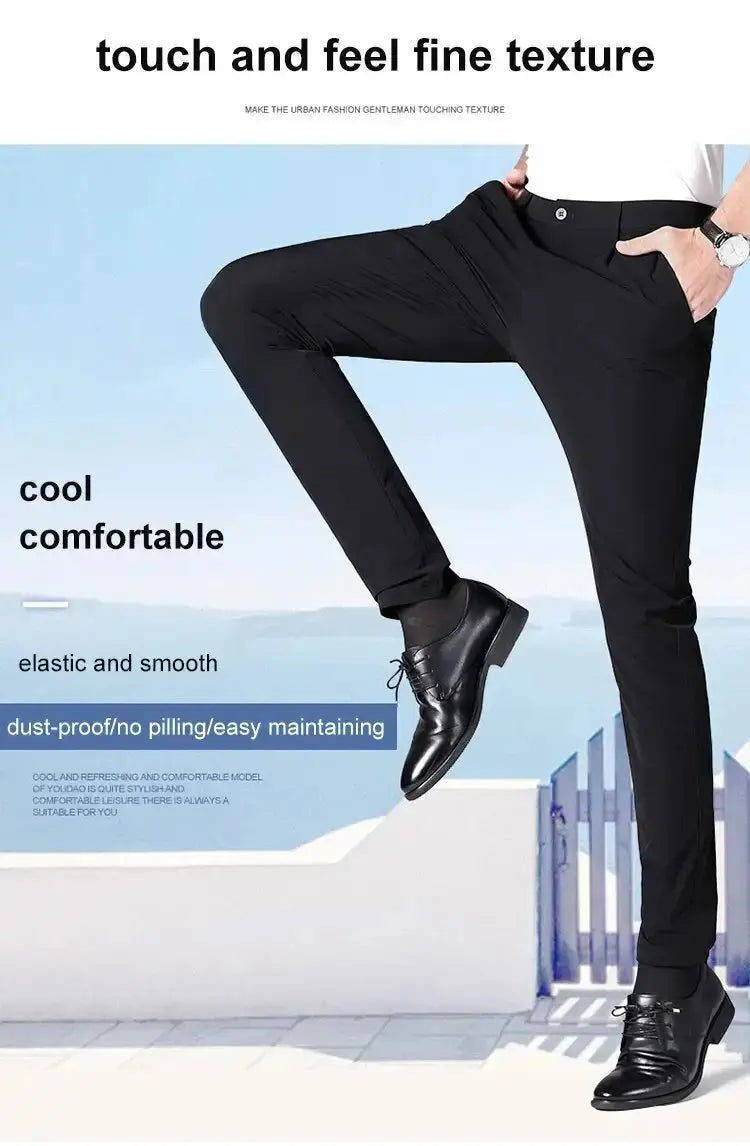 Men's ice silk suit pants Elastic mid-waist baggy trousers Straight business trousers
