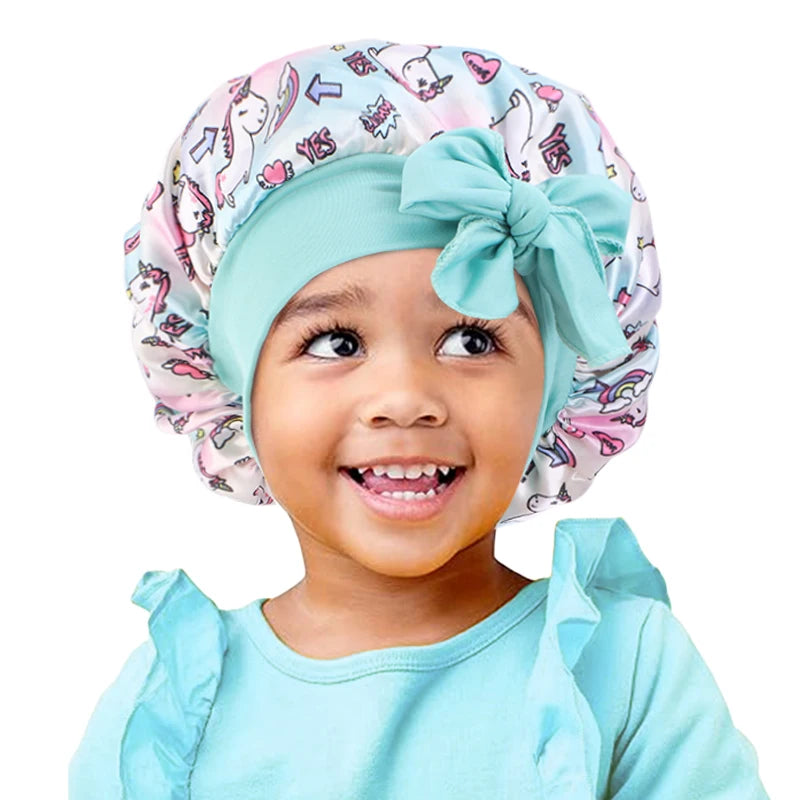 New Kids Unicorn Satin Bonnet Wide Elastic Band Ribbon Sleeping Cap Curly Natural Hair Child Night Caps Shower Cap Headscarf Badiee Stylez