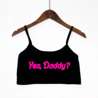 YES DADDY Pink Letters Print Summer Women's Crop Top Sexy Elastic Cotton Camis Sleeveless Short Tank Top Bar Tops Women Black