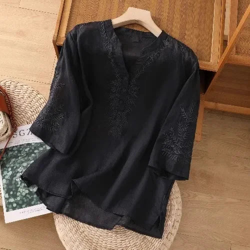 Thin Streetwear Vintage Clothes Ethnic Style Cotton Linen Shirts for Women Clothing Top Tshirt Tees Fashion Casual Embroidery black-B