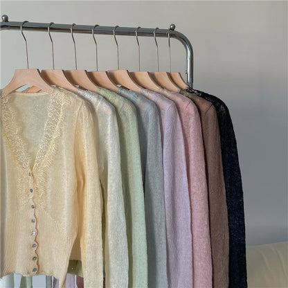 High-fashion Kawaii Botton Up Lace Patchwork Knitted Cardigan Women Autumn Winter Ladies Elegant Vintage Sweater Cheap Wholesale
