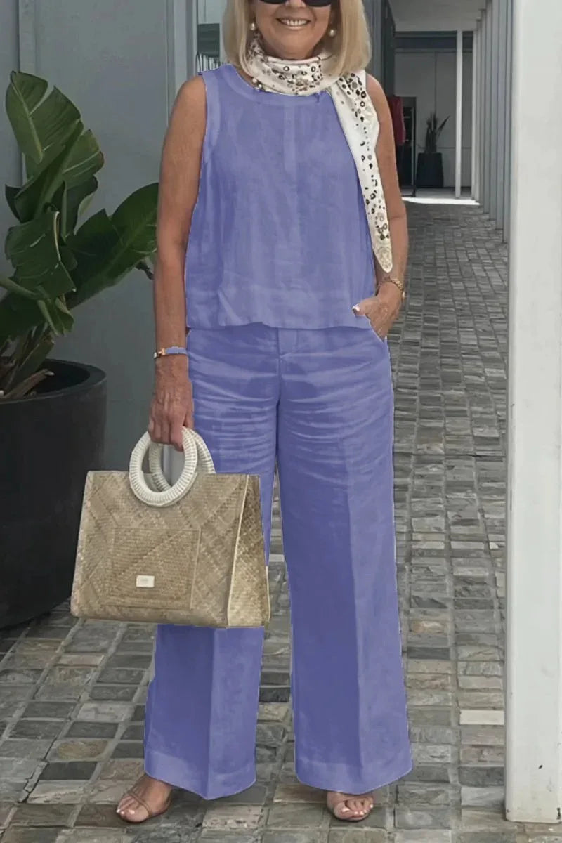 Spring Summer Cotton Linen Solid Color Sleeveless Vest Top Women Pants Suit Casual Pocket Elegant Female Office Retro 2Piece Set