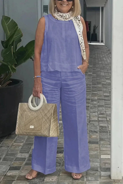 Spring Summer Cotton Linen Solid Color Sleeveless Vest Top Women Pants Suit Casual Pocket Elegant Female Office Retro 2Piece Set