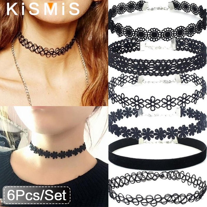 KISMIS 6Pcs/Set Black Lace Chokers Necklace Set Vintage Gothic Punk Elastic Necklace Women'S Jewelry 1Sets Badiee Stylez