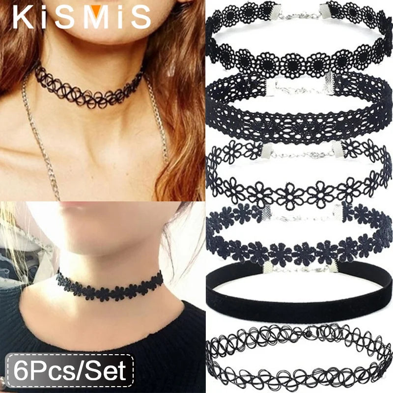 KISMIS 6Pcs/Set Black Lace Chokers Necklace Set Vintage Gothic Punk Elastic Necklace Women'S Jewelry 1Sets Badiee Stylez