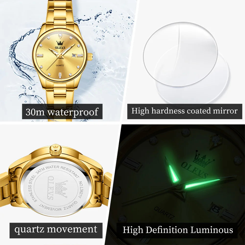 OLEVS Elegant Fashion Brand Women's Watches Gold Waterproof cCalendar Quartz Watch for Lady Stainless Steel Original Wristwatch