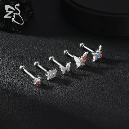 ZS 1 Piece 14G Stainless Steel Tongue Piercing Ring Colorful Butterfly Bone Tongues Stud Punk Skull Snake Body Piercings Jewelry
