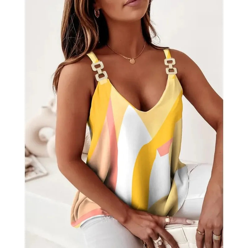 Summer Women's Casual Chain Camisole Vest V-neck Sleeveless Fashionable Printed Camisole Vest Summer Vacation Party Women's Vest Yellow