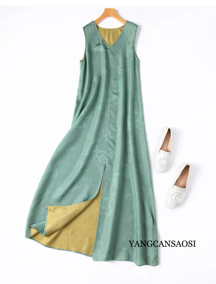 2025 Women's Summer New Luxury 100% Natural Mulberry Silk Jacquard Satin V-neck Split Double Sided Sleeveless Vest Dress Badiee Stylez