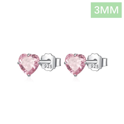 TrustDavis Real 925 Sterling Silver Earrings Cute Pink Heart Charm Shiny CZ Stud Earrings for Women Kids Teen Jewelry DS3731 3mm