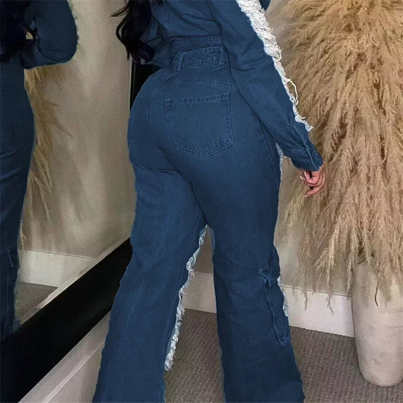 Trend Hollow Out Broken Holes Jeans Women Fashion Leg Patchwork Pocket Denim Pants Female High Waist Trousers Casual Streetwear