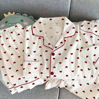 Women Summer Pajamas Three-piece Set Leisure Sleepwear Short Sleeve Lapel Sweet Heart Print Homewear Female Loose Loungewear