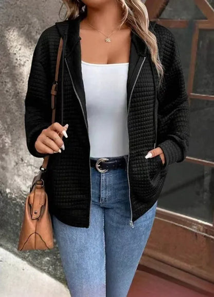 Plus size European and American cross-border autumn new casual solid color pocket zipper hooded jacket black