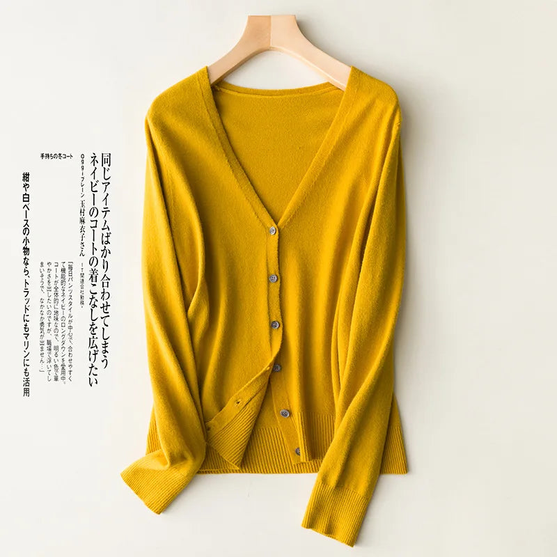 Women Cardigans 2025 Single Breasted Solid Knitted Shirt Spring Autumn Cardigan Korean Fashion V-neck Sweaters Knit Outerwear Yellow