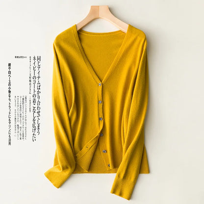 Women Cardigans 2025 Single Breasted Solid Knitted Shirt Spring Autumn Cardigan Korean Fashion V-neck Sweaters Knit Outerwear Yellow