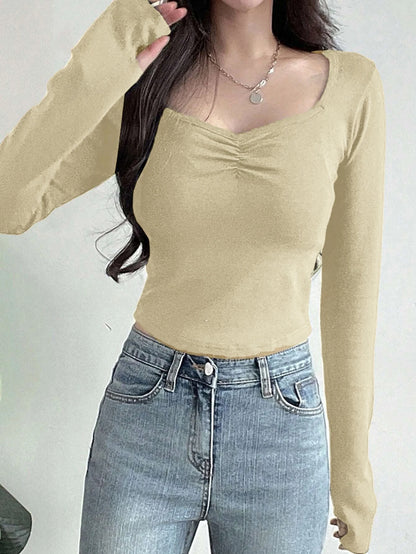 Women Long Sleeve Tops - Sexy Going Out Sweetheart V Neck Basic Shirts Tight Slim Fall Trendy Clothing