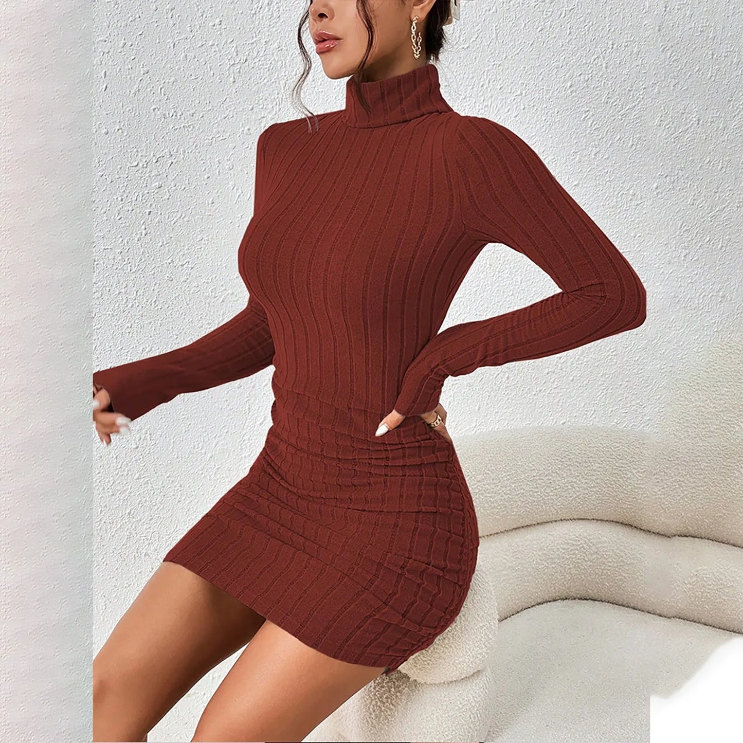 Knitted Bottoming Dress Women Elegant Party Autumn Winter Turtleneck Long Sleeves Sexy Sheath Mini Dresses Bodycon Club Dress Badiee Stylez