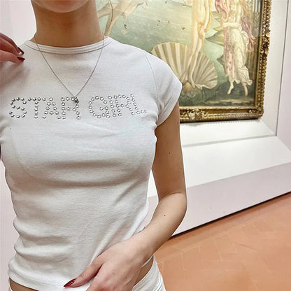 Star Girl Bling Rhinestones Women Grunge T-shirt Y2k Aesthetic Clothes Vintage Street Tee Grunge Graphic Short Sleeve Tops white