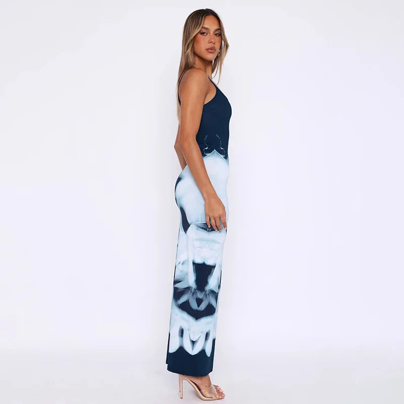 Summer Women's Dresses New Fashion Print Sleeveless Backless Bodycon Sexy Maxi Dresses Casual Streetwear Club Elegant Lady Dress